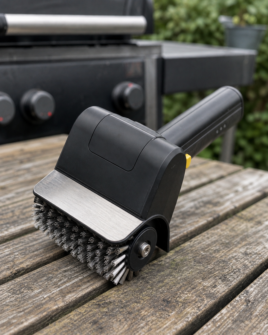 PowerScrub electric grill brush on a timber outdoor table beside a barbecue