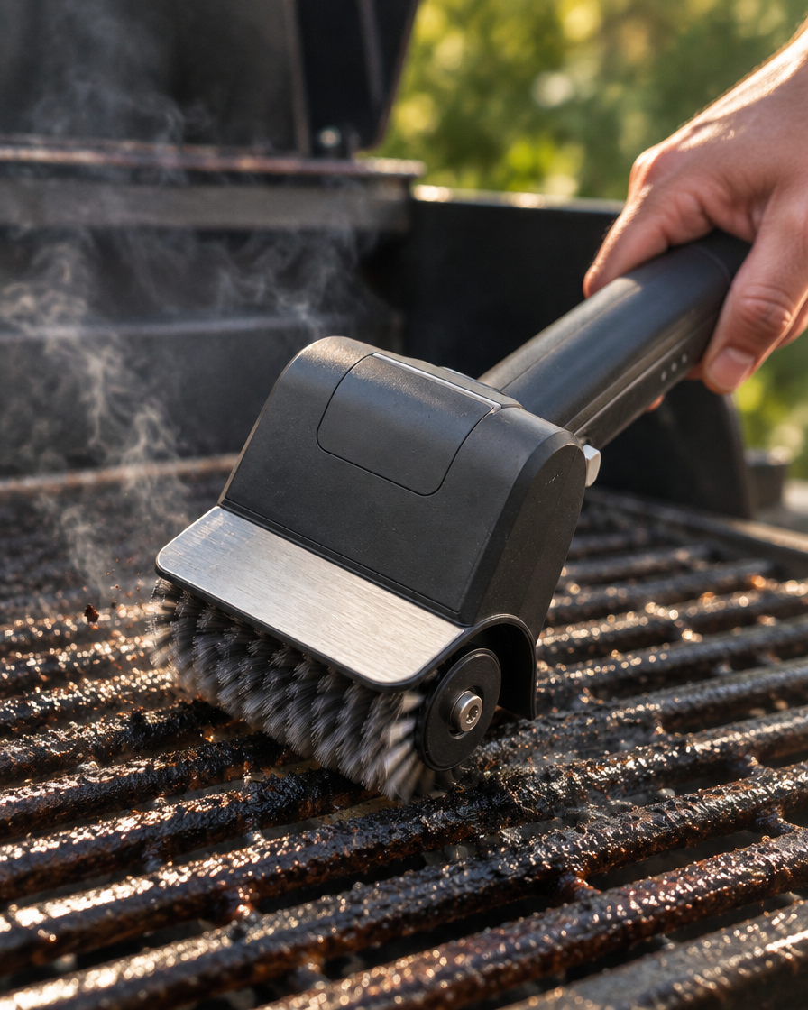 PowerScrub electric grill brush scrubbing baked-on grease off a barbecue grate
