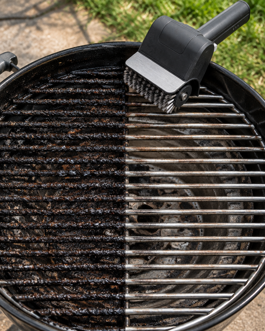 Before and after: greasy barbecue grate next to a clean section cleaned with the PowerScrub