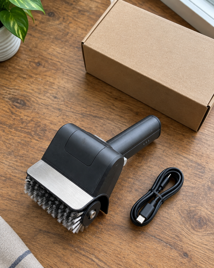 PowerScrub grill brush with USB-C charging cable and box