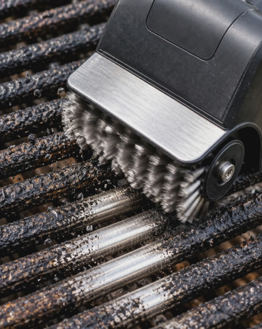 Overhead close-up of the PowerScrub stainless steel wire roller cleaning a grill grate