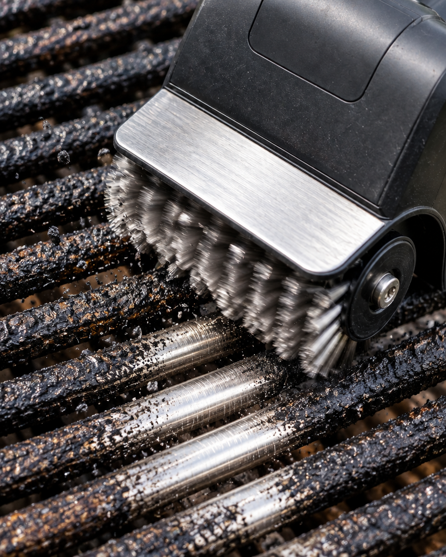 PowerScrub roller cleaning a stripe through baked-on grease on a grill grate