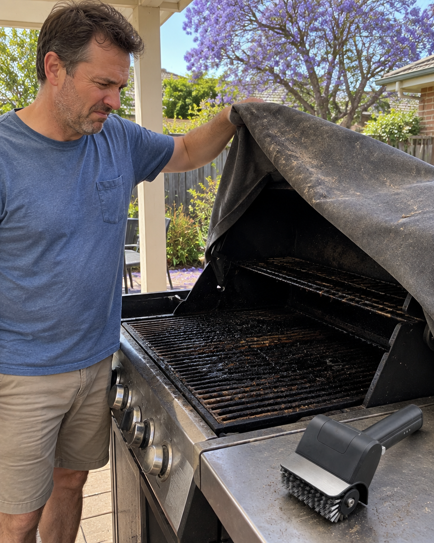 Lifting the cover off a barbecue to find grates caked in old grease